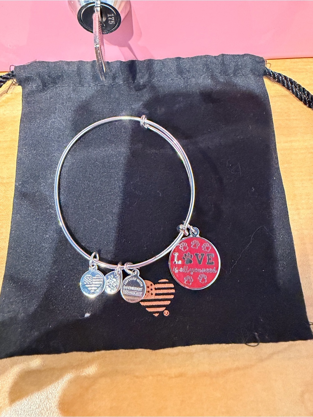 Alex and Ani Silver Expandable Bracelet with Red "LOVE" Paw Charm